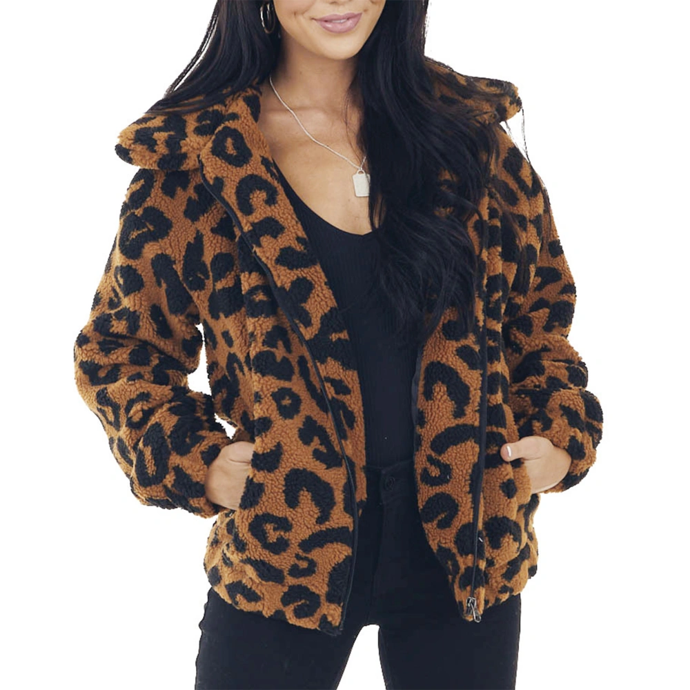 Women Leopard Coat Turn Down Collar Front Zipper Long Sleeve Polyester Fiber Khaki Cheetah Jacket for Party Street Khaki M