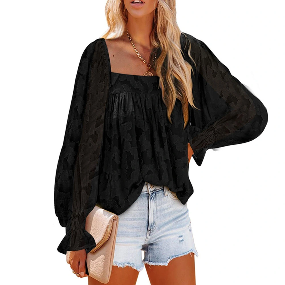 Women Smocked Cuff Top Fashionable Loose Casual Long Sleeve Printed Blouse for Autumn Winter Black XL