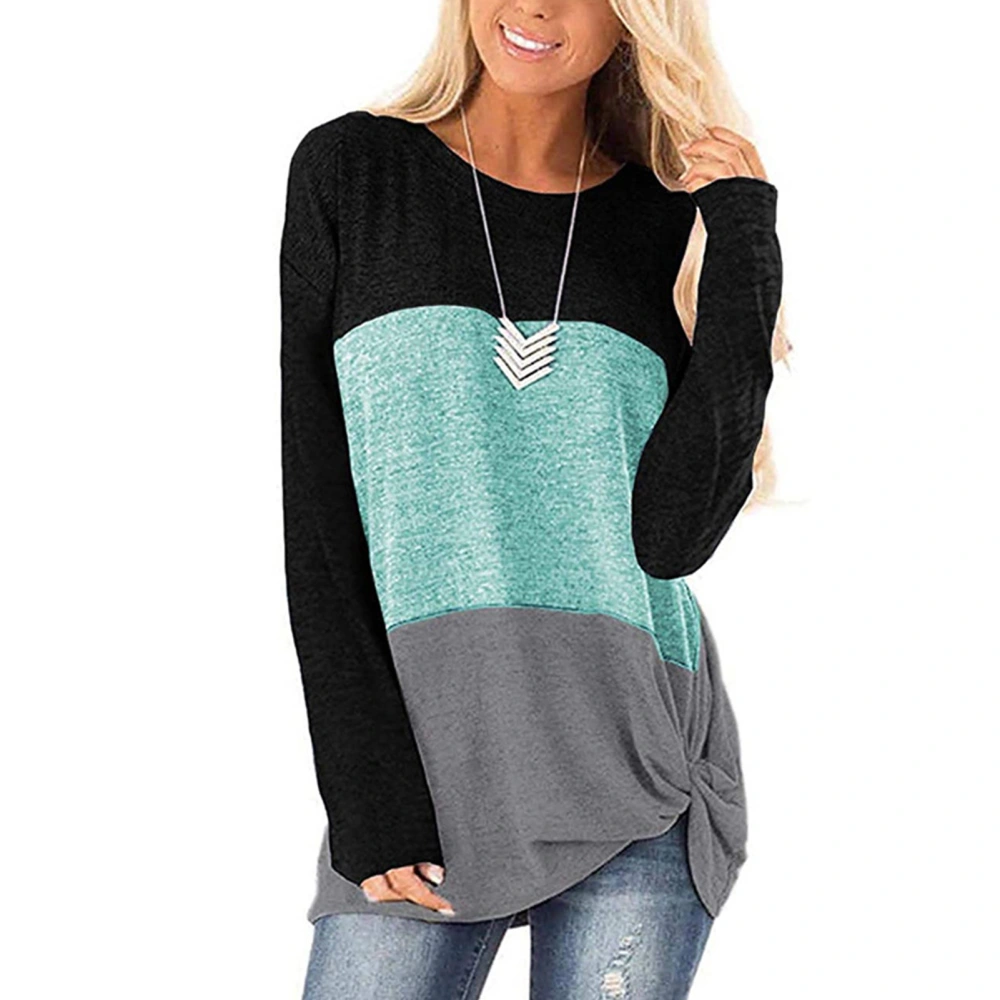 Women Long Sleeve Top Casual Roundneck Color Matching Kink Breathable Polyester Machine Washable Clothing Dark Green Gray S