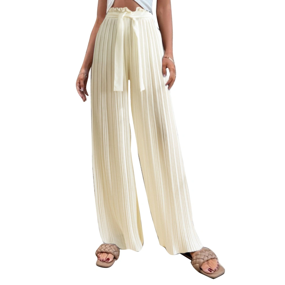 Pleated Wide Leg Pants High Waisted Pure Color Belted Casual Fit Women Pleated Wide Leg Pants Apricot L