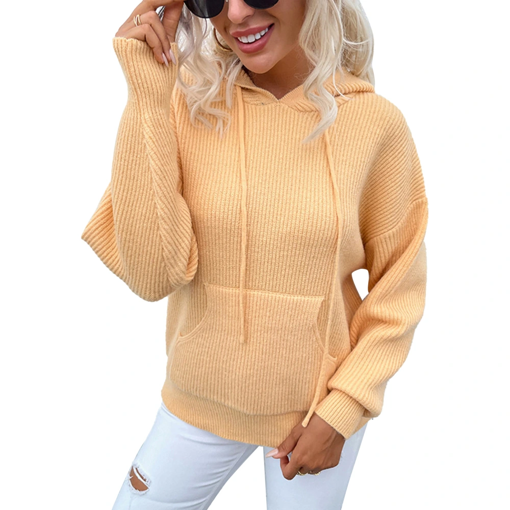 Women Casual Drawstring Hoodie Pure Color Long Sleeve Knit Sweatshirt Pullover Tops with Pocket Light Tan XL