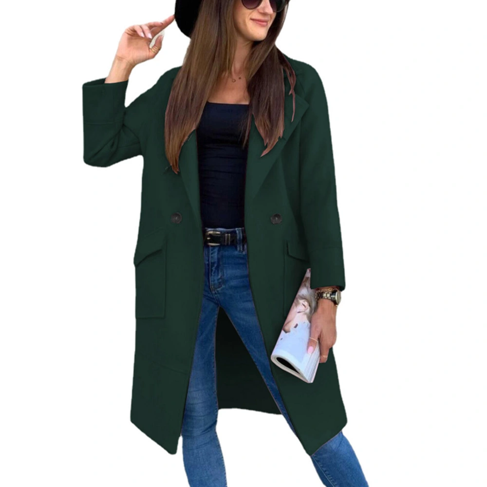 Midi Length Coat Jacket with Large Pockets Long Sleeve Turn Down Collar Pure Color Button Coat for Winter Women Dark Green M