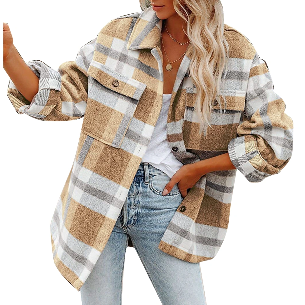 Woman Plaid Jacket Fashionable Loose Comfortable Soft Female Grid Pattern Button Jacket for Work Travelling Khaki S