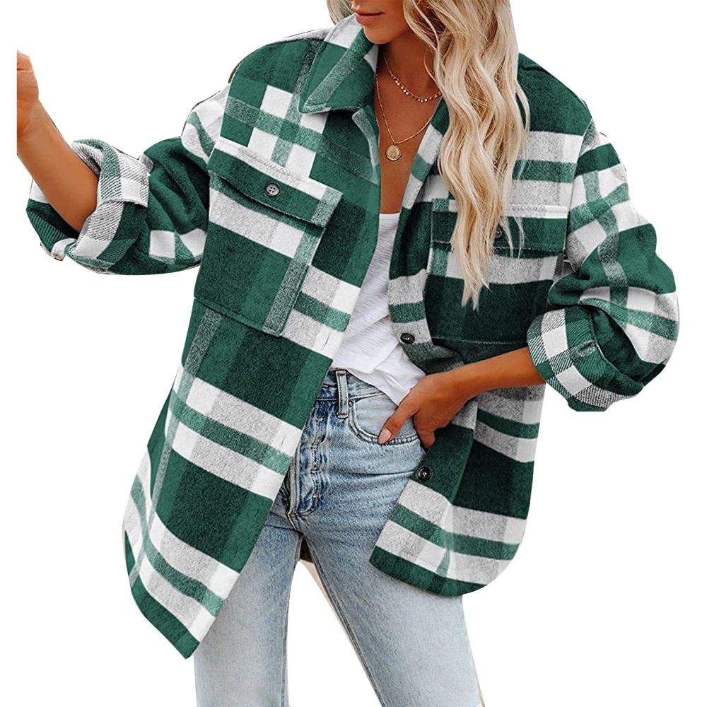 Woman Plaid Jacket Fashionable Loose Comfortable Soft Female Grid Pattern Button Jacket for Work Travelling Green S