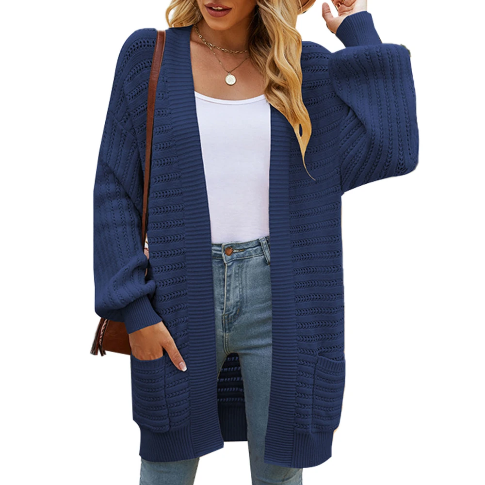 Women Hooded Sweater Coat Pure Color Puff Sleeve Soft Polyester Fiber Women Casual Cardigan for Office Dating Home Blue L