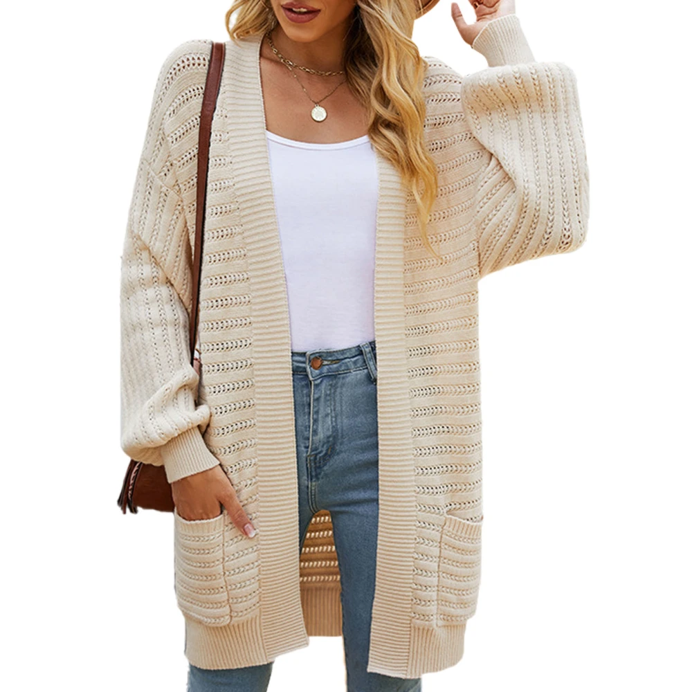 Women Hooded Sweater Coat Pure Color Puff Sleeve Soft Polyester Fiber Women Casual Cardigan for Office Dating Home Apricot XL