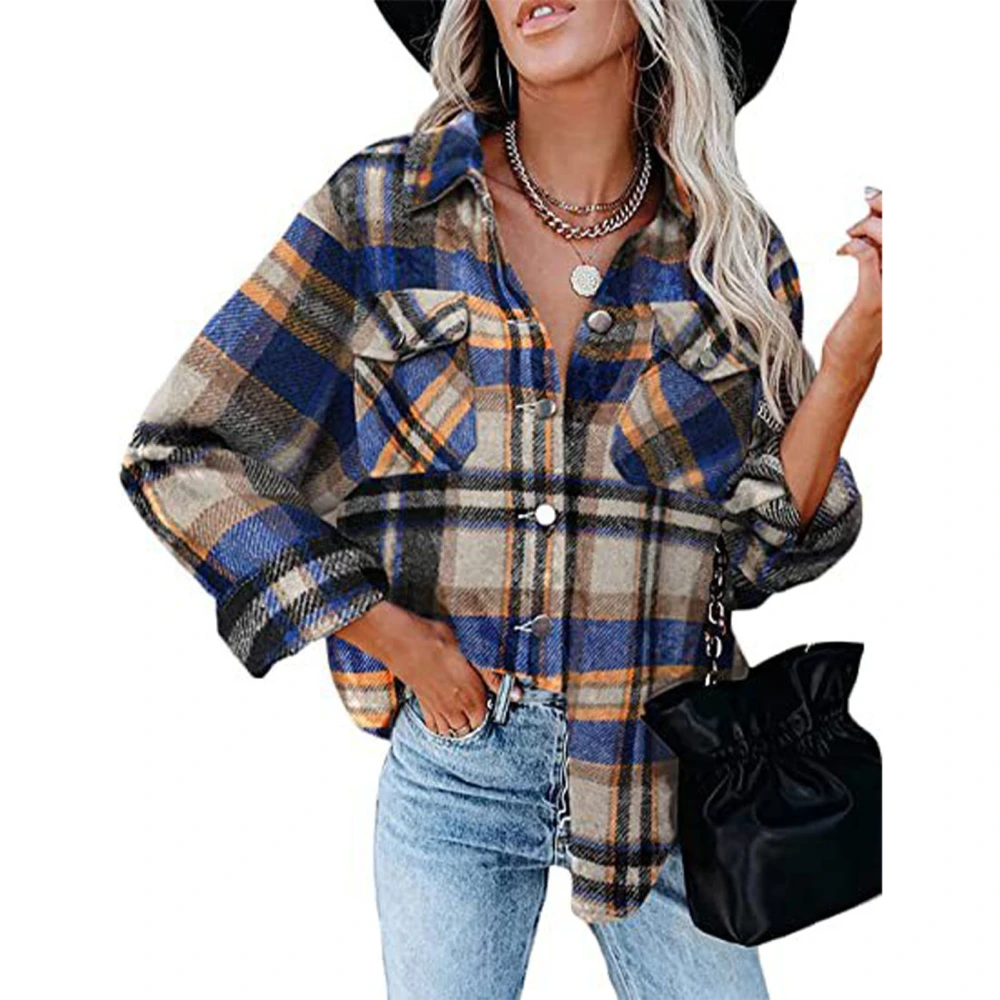 Women Plaid Shirt Button Down 2 Pockets Design Soft Breathable Women Long Sleeve Shirt Jacket for Autumn Winter Yellow Blue S