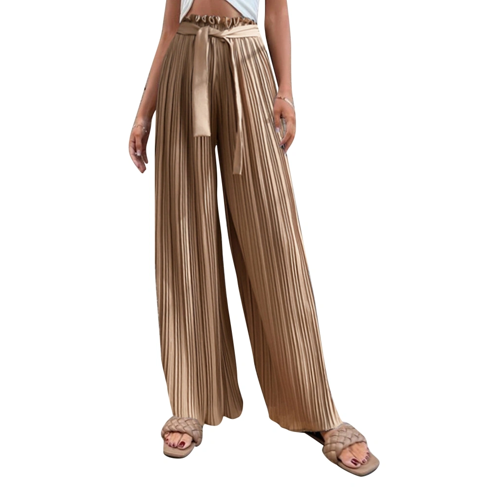 Pleated Wide Leg Pants High Waisted Pure Color Belted Casual Fit Women Pleated Wide Leg Pants Khaki L