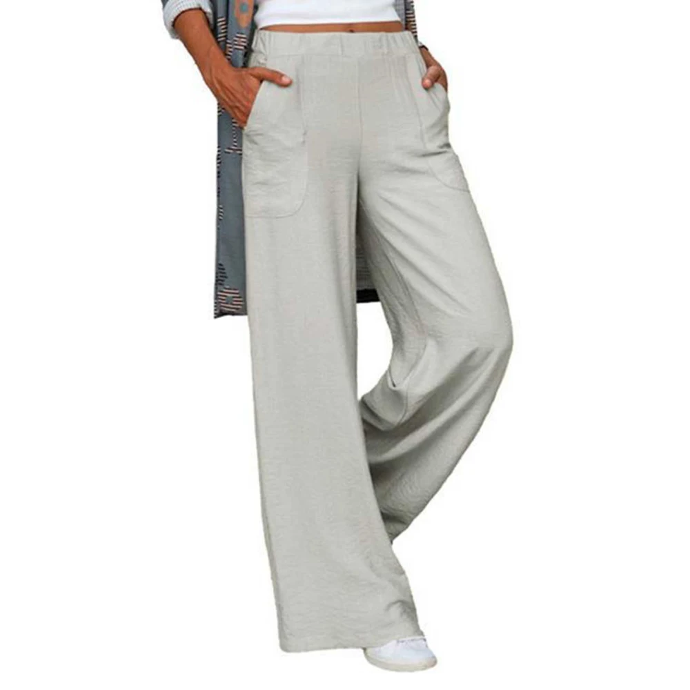 Women Pants Wide Straight Leg Elastic Waist Loose Casual Pure Color Slacks Trousers with Side Pockets Light Gray S