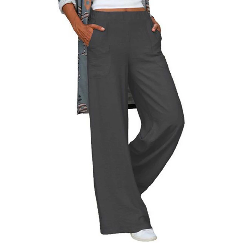 Women Pants Wide Straight Leg Elastic Waist Loose Casual Pure Color Slacks Trousers with Side Pockets Dark Gray S