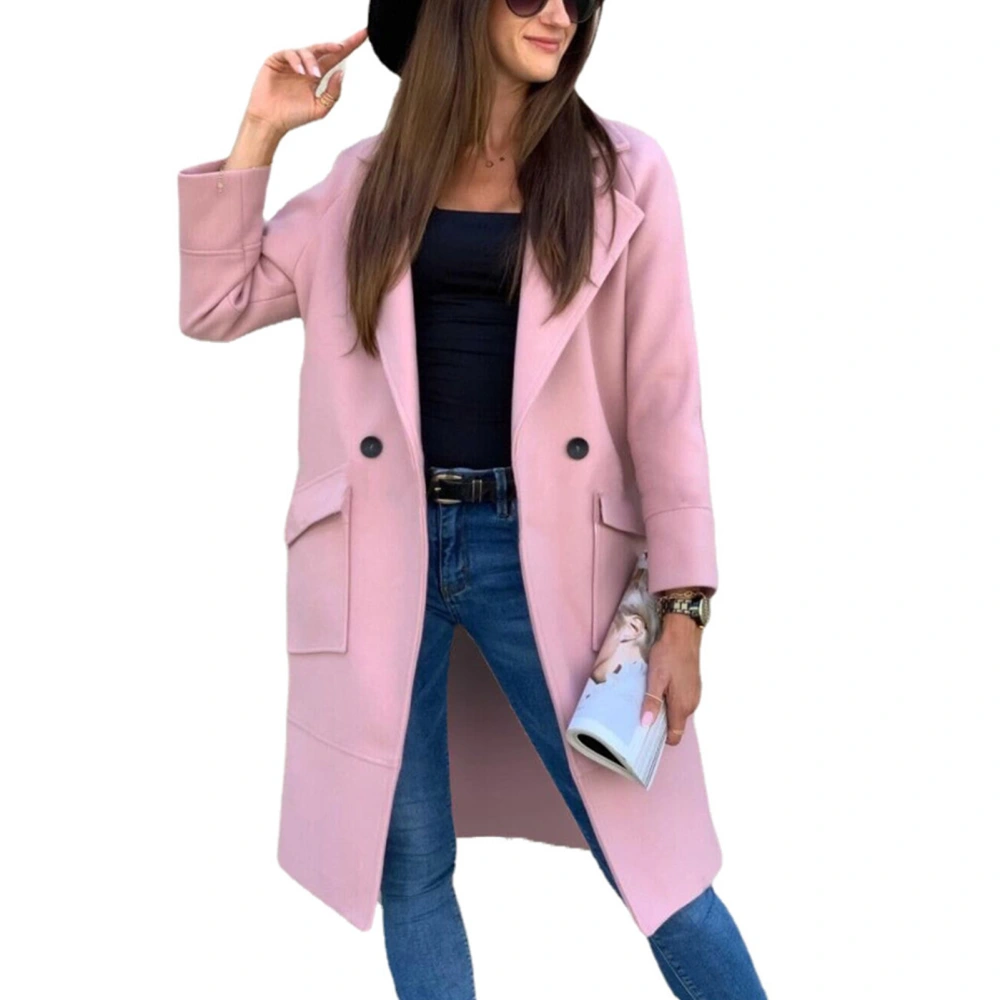 Midi Length Coat Jacket with Large Pockets Long Sleeve Turn Down Collar Pure Color Button Coat for Winter Women Pink 3XL