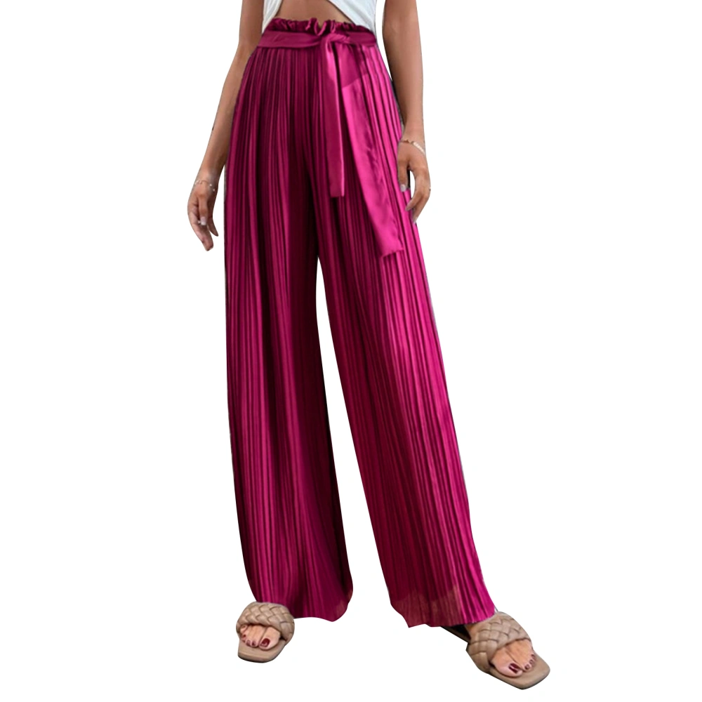 Pleated Wide Leg Pants High Waisted Pure Color Belted Casual Fit Women Pleated Wide Leg Pants Amaranth XL