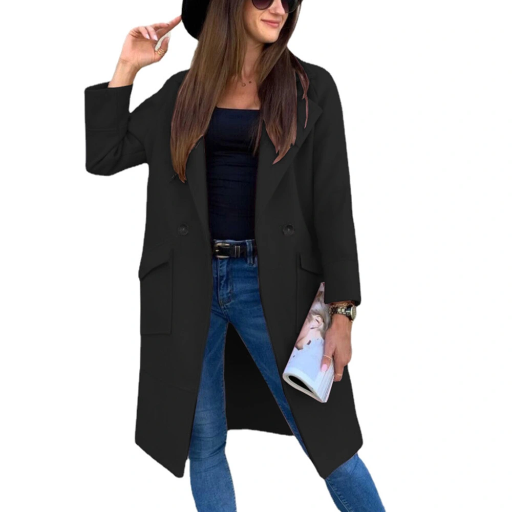 Midi Length Coat Jacket with Large Pockets Long Sleeve Turn Down Collar Pure Color Button Coat for Winter Women Black M