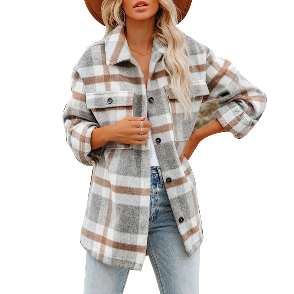 Woman Plaid Jacket Fashionable Loose Comfortable Soft Female Grid Pattern Button Jacket for Work Travelling Light Gray XL