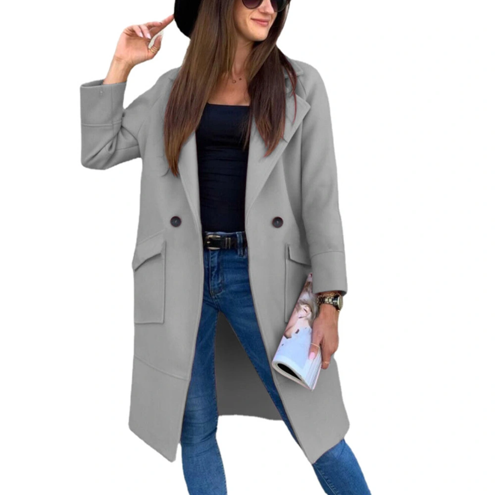 Midi Length Coat Jacket with Large Pockets Long Sleeve Turn Down Collar Pure Color Button Coat for Winter Women Light Gray XXL