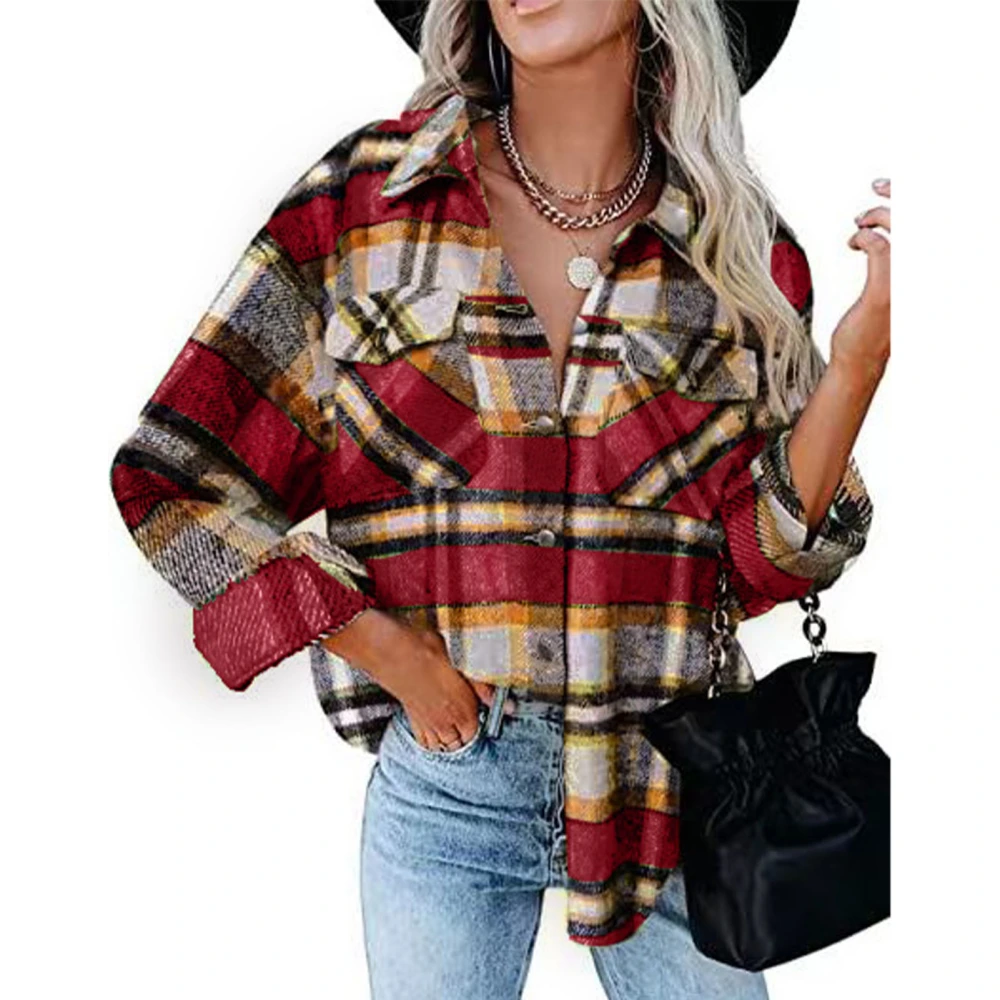 Women Plaid Shirt Button Down 2 Pockets Design Soft Breathable Women Long Sleeve Shirt Jacket for Autumn Winter Orange M