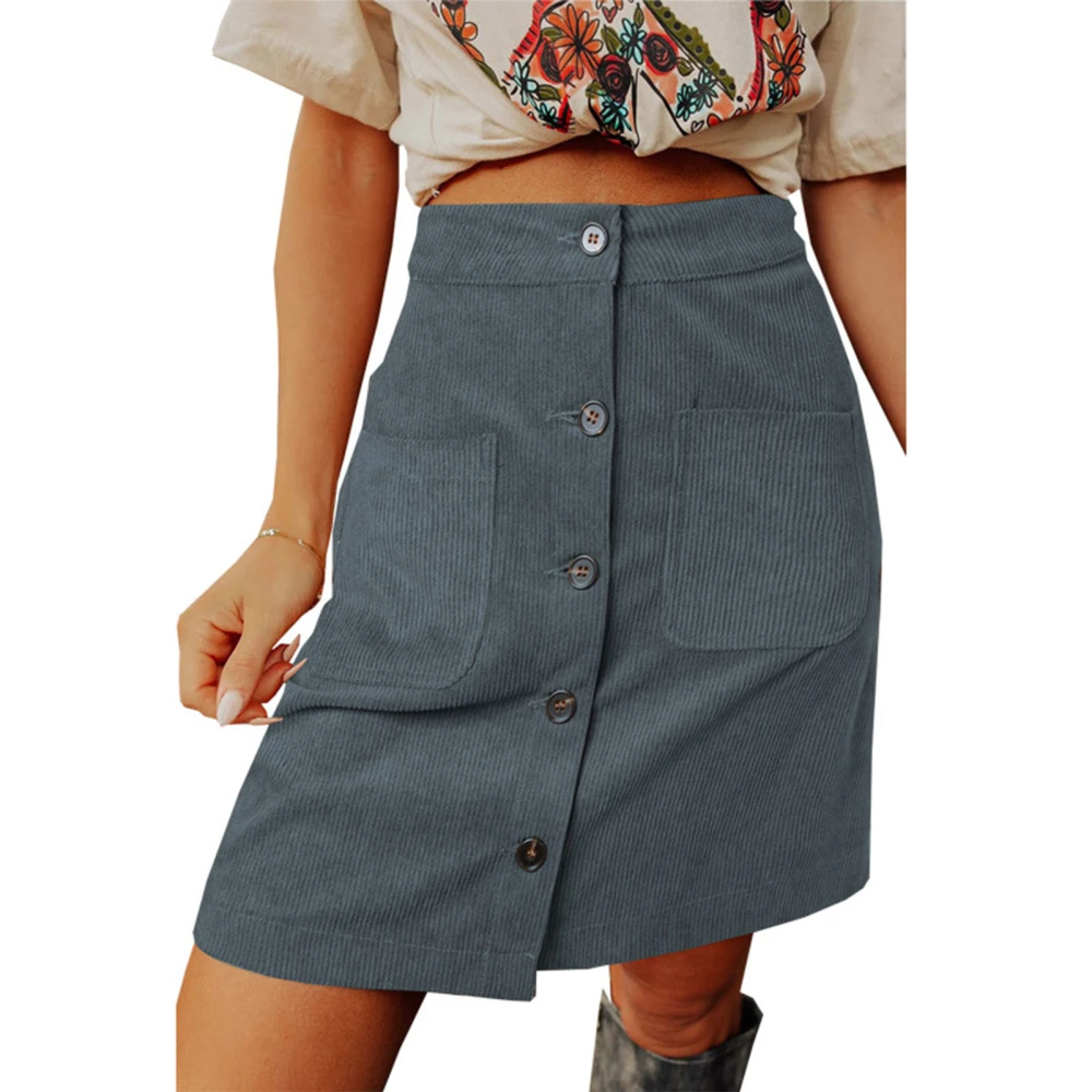 Skirt Button Front High Waist Side Pockets Solid Color Polyester Fiber Casual Skirt Grey L