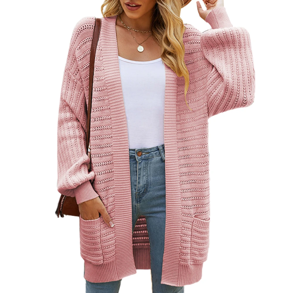 Women Hooded Sweater Coat Pure Color Puff Sleeve Soft Polyester Fiber Women Casual Cardigan for Office Dating Home Pink S