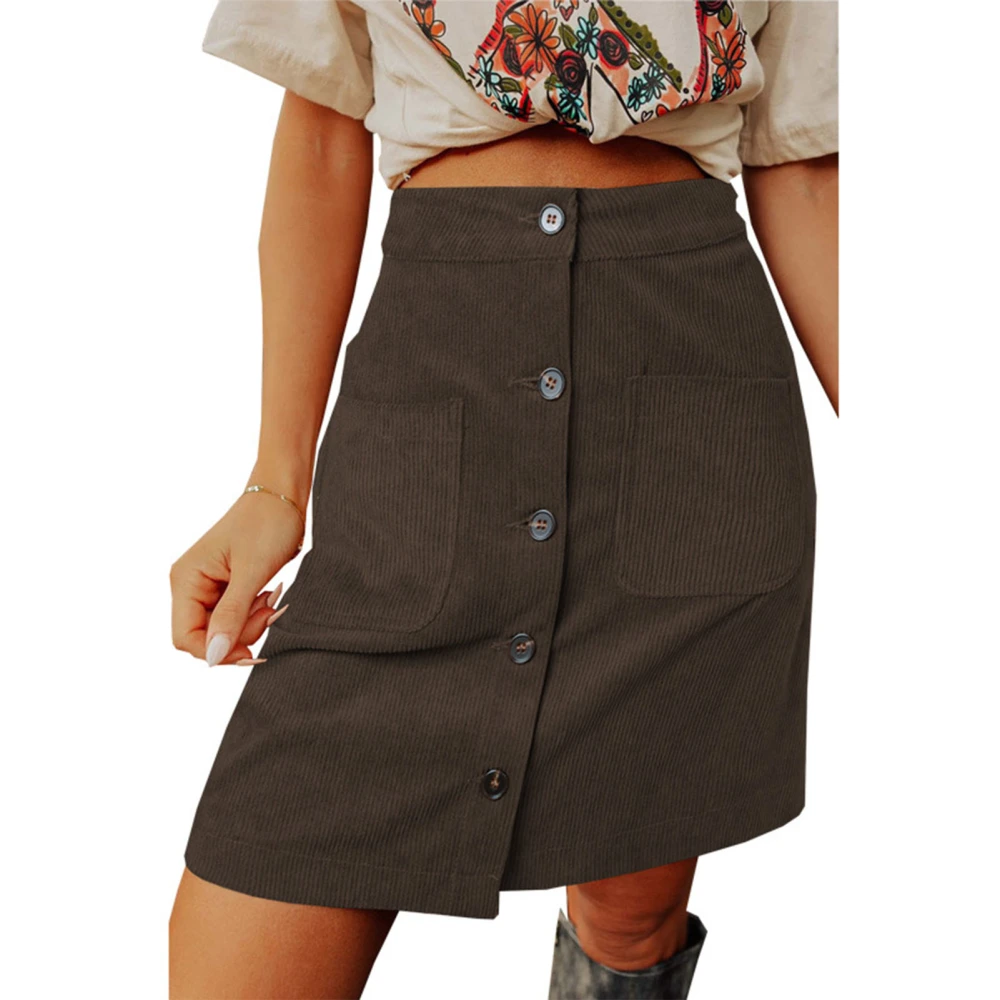 Skirt Button Front High Waist Side Pockets Solid Color Polyester Fiber Casual Skirt Brown L