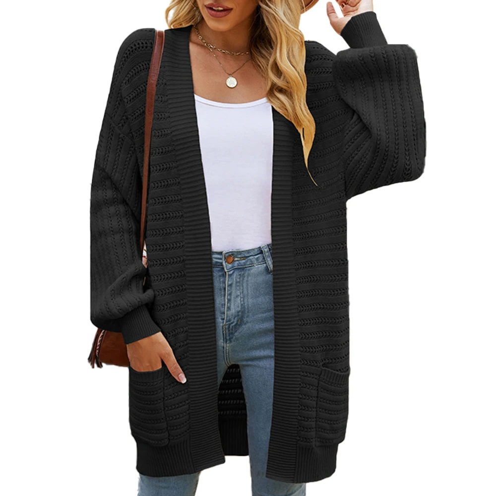 Women Hooded Sweater Coat Pure Color Puff Sleeve Soft Polyester Fiber Women Casual Cardigan for Office Dating Home Black S