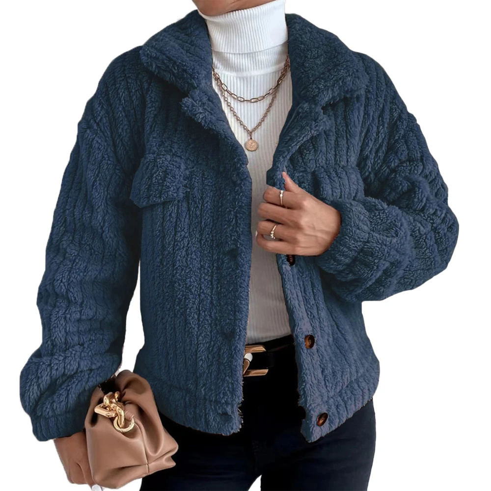 Women Thickened Plush Coat Casual Fashionable Single Breasted Plush Jacket for Autumn Winter Dark Blue XXL