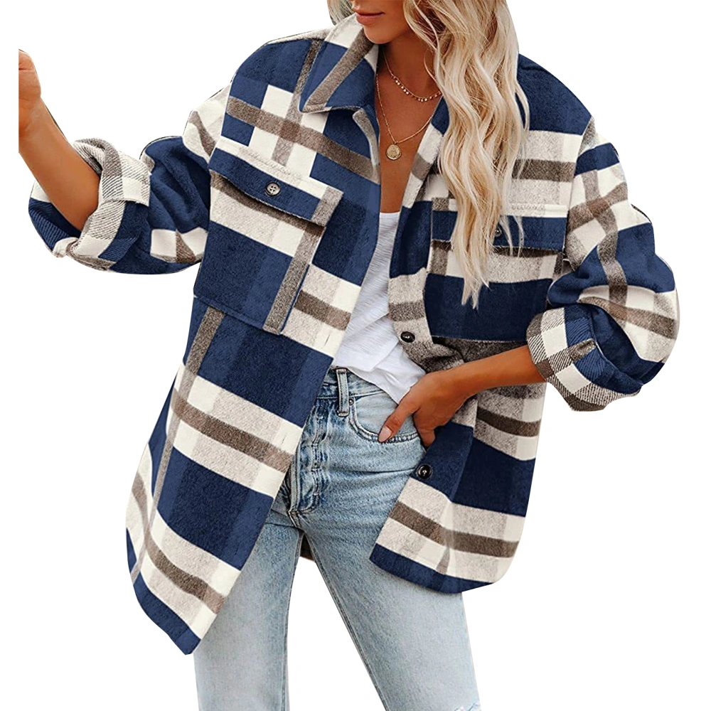 Woman Plaid Jacket Fashionable Loose Comfortable Soft Female Grid Pattern Button Jacket for Work Travelling Dark Blue M