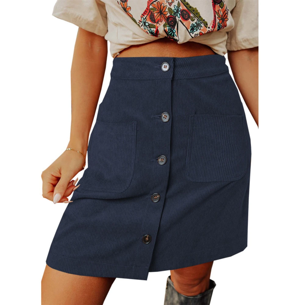 Skirt Button Front High Waist Side Pockets Solid Color Polyester Fiber Casual Skirt Blue L