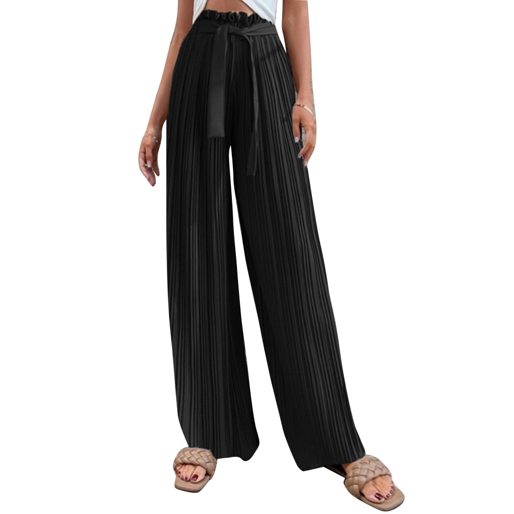 Pleated Wide Leg Pants High Waisted Pure Color Belted Casual Fit Women Pleated Wide Leg Pants Black XL