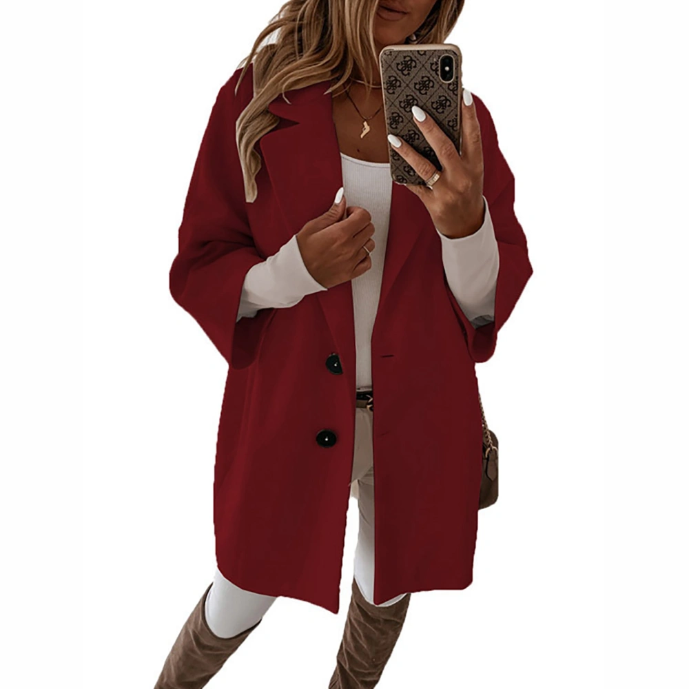 Women Woollen Coat Turn Down Collar Three Quarter Length Sleeve Single Breasted Winter Coat Wine Red 3XL