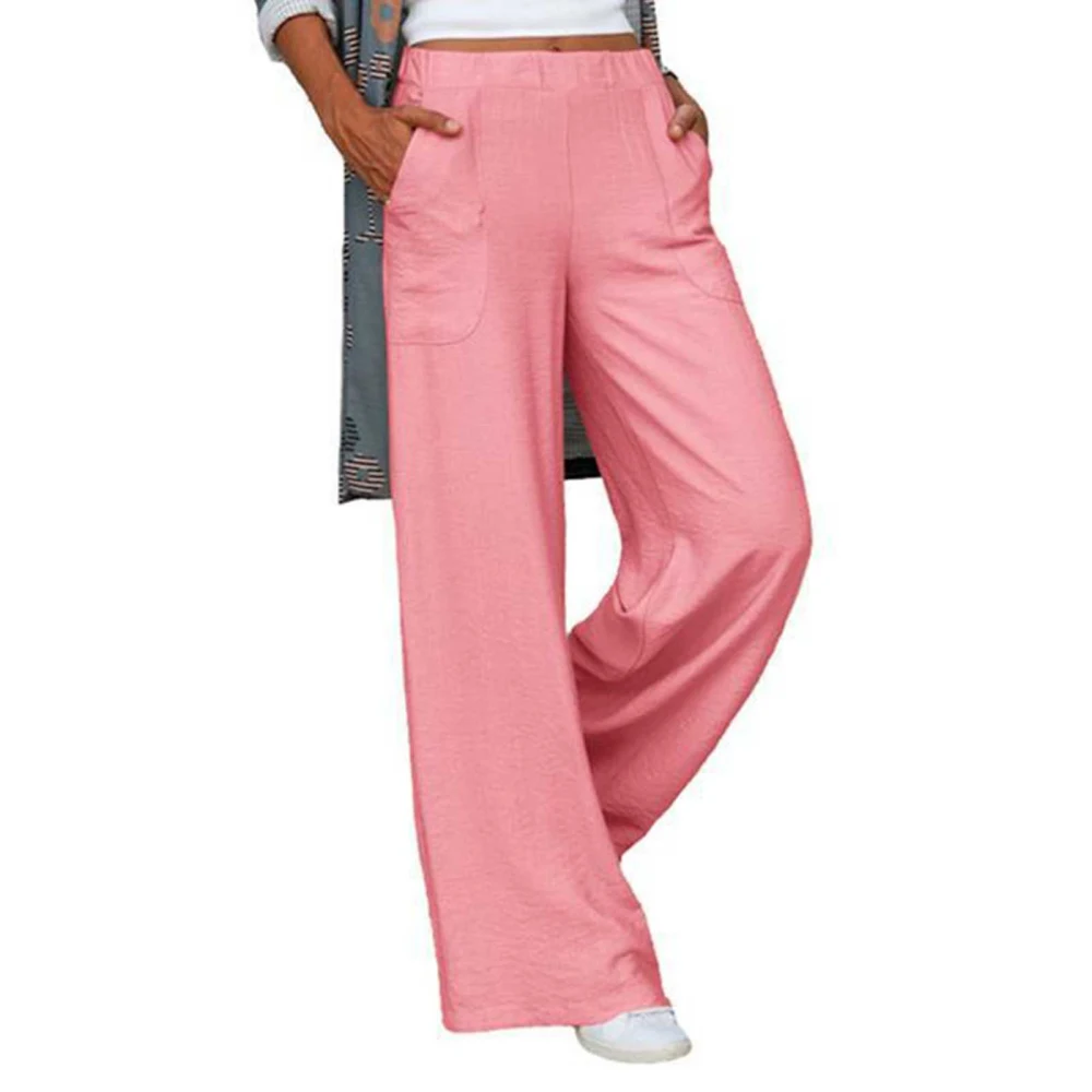 Women Pants Wide Straight Leg Elastic Waist Loose Casual Pure Color Slacks Trousers with Side Pockets Pink XL