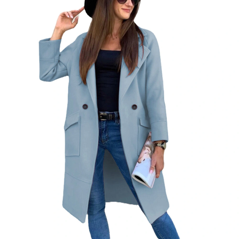 Midi Length Coat Jacket with Large Pockets Long Sleeve Turn Down Collar Pure Color Button Coat for Winter Women Sky Blue M