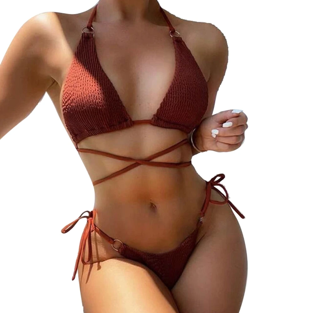 Women Bikini Swimsuit Two Piece High Cut Halter Neck Backless Crisscross O Ring String Bathing Suit Coffee XL