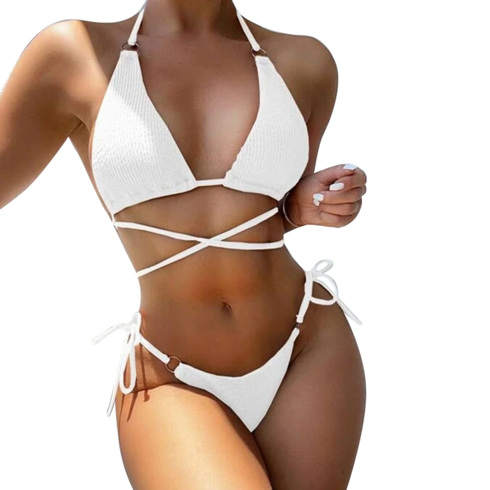 Women Bikini Swimsuit Two Piece High Cut Halter Neck Backless Crisscross O Ring String Bathing Suit White S