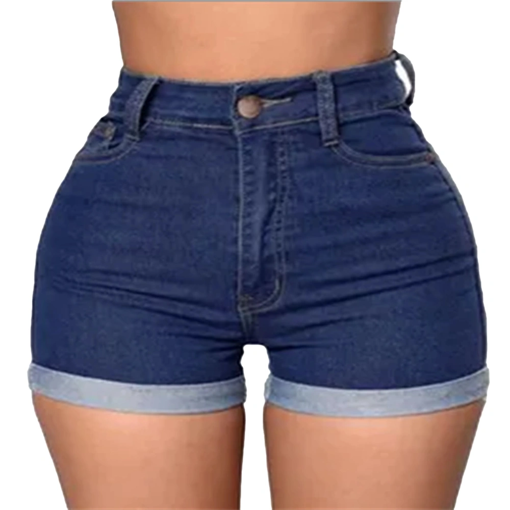 Women Denim Shorts High Elasticity Double Layers Stitching Stretchy Denim Shorts for Summer Wear Dark Blue L