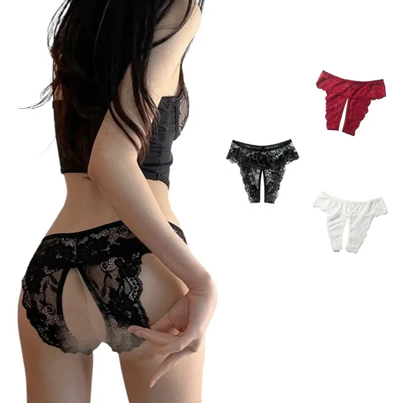 3pcs Lady Open Crotch Panties Low Waist Erotogenic Lace Open Crotch Underwear for Women Burgundy Black White XL