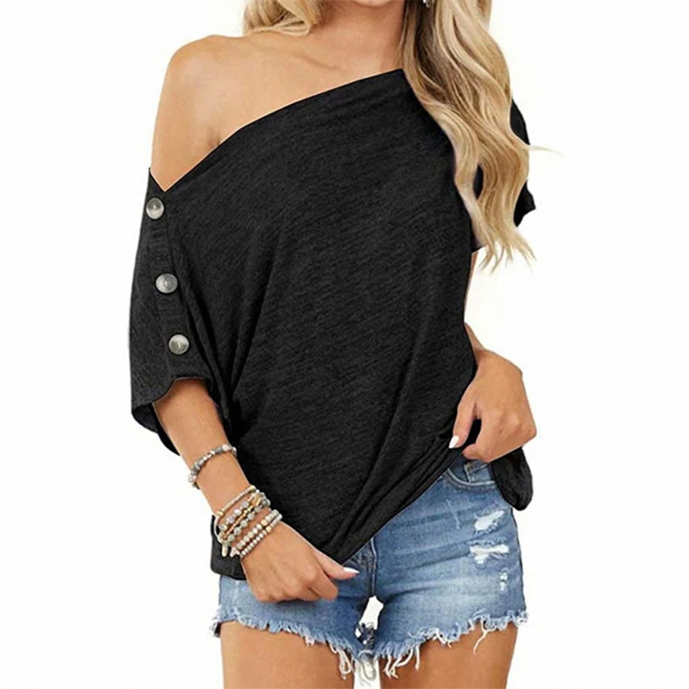 Women One Shoulder T Shirt Fashionable Casual Pure Color Button Decor Tops Blouse for Work Dating Black M