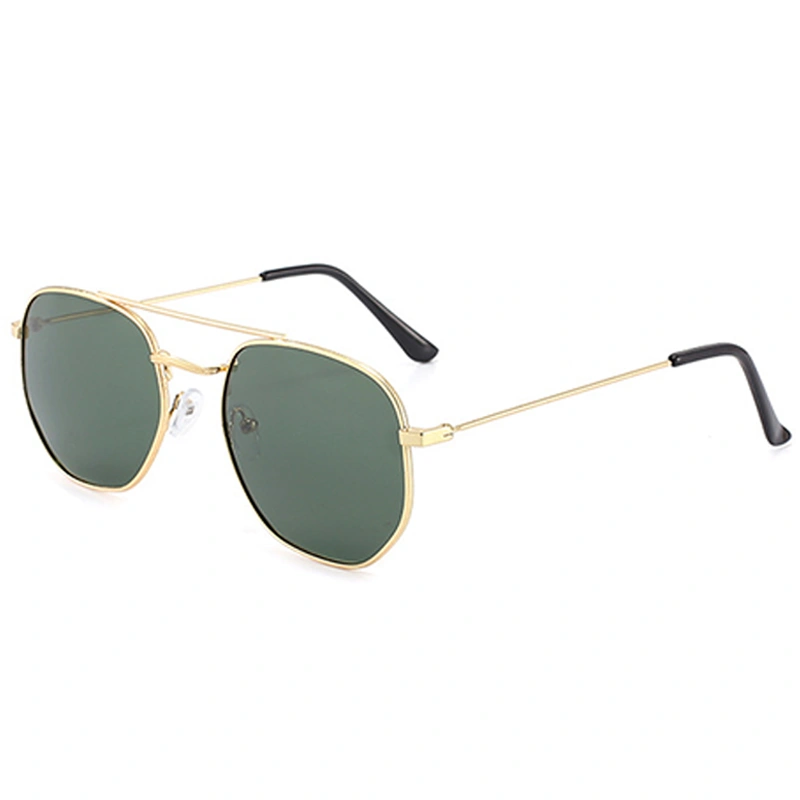 Metal Frame Sunglasses Double Bridge Dark Green Lens Retro Rectangle Sunglasses for Men Women