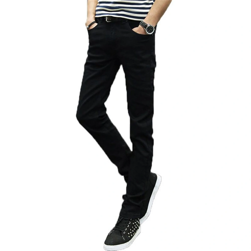 Man Pants Casual Slim Fit Stretch Pure Color Regular Fit Pants for Male Boys Winter Autumn Black 32