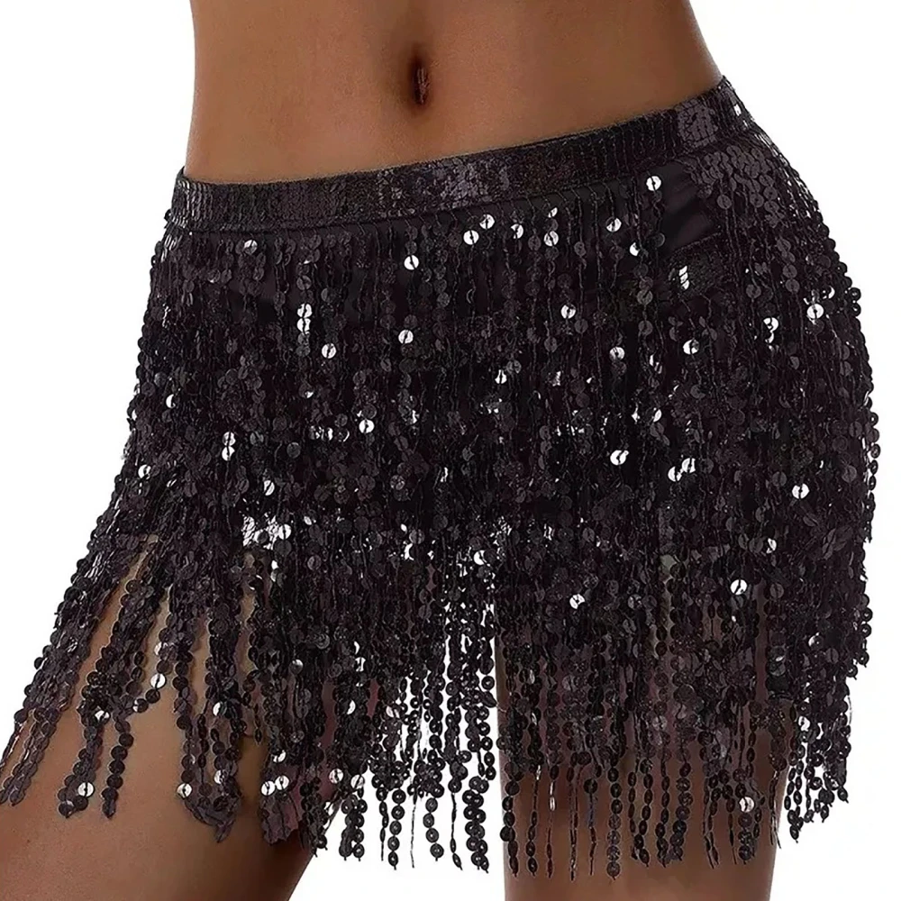 Belly Dance Skirt Four Layer Tassel Sequin Beautiful Shiny Belly Dance Hip Scarf for Dance Training Performance Black Free Size