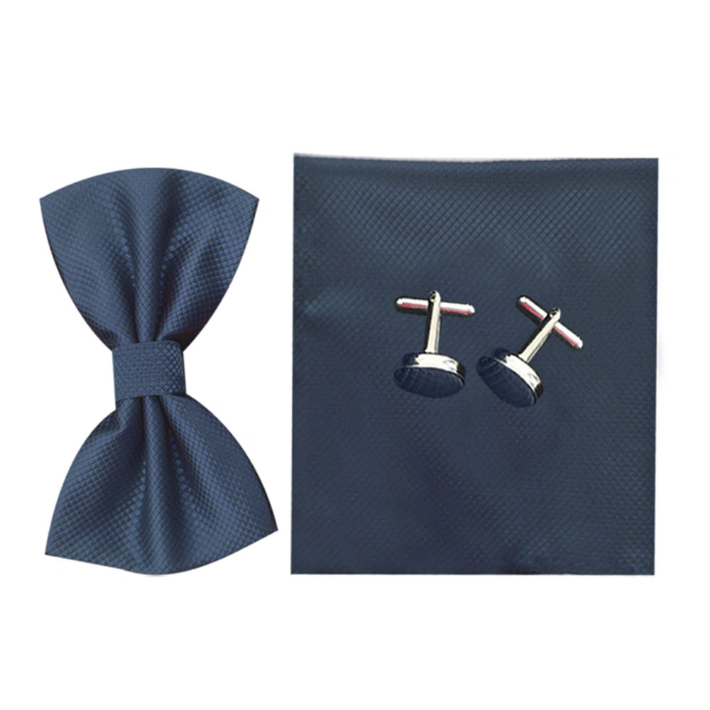 Bow Ties Handkerchief Set Polyester Yarn Pure Color Decorative Cufflinks Ties Set for Party Dark Blue