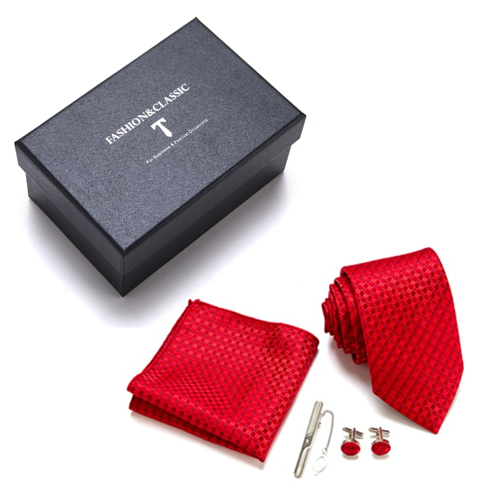 Men Tie Set Polyester Silk Tie with Clip Cufflinks Handkerchief for Formal Business Banquet Red