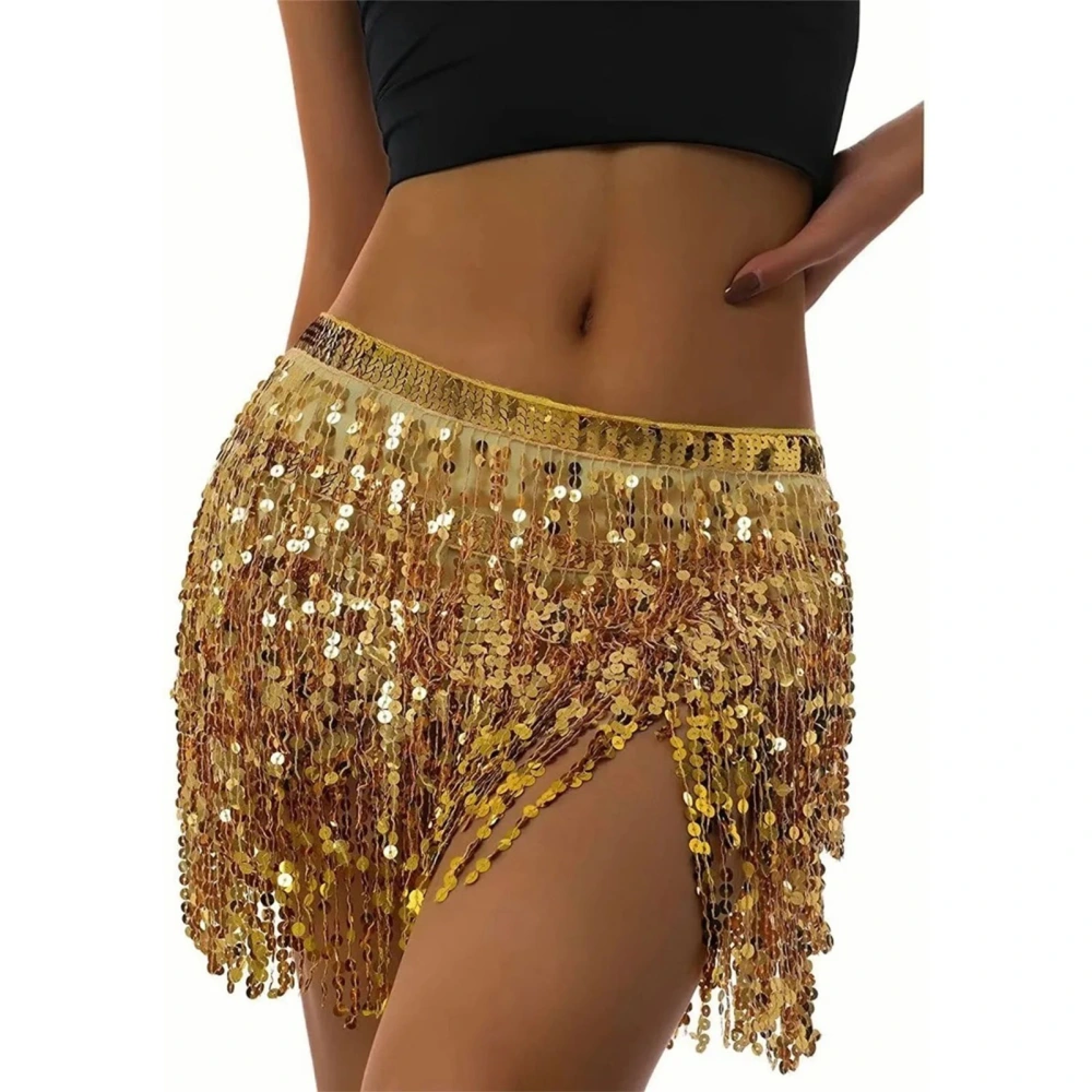 Belly Dance Skirt Four Layer Tassel Sequin Beautiful Shiny Belly Dance Hip Scarf for Dance Training Performance Yellow Free Size