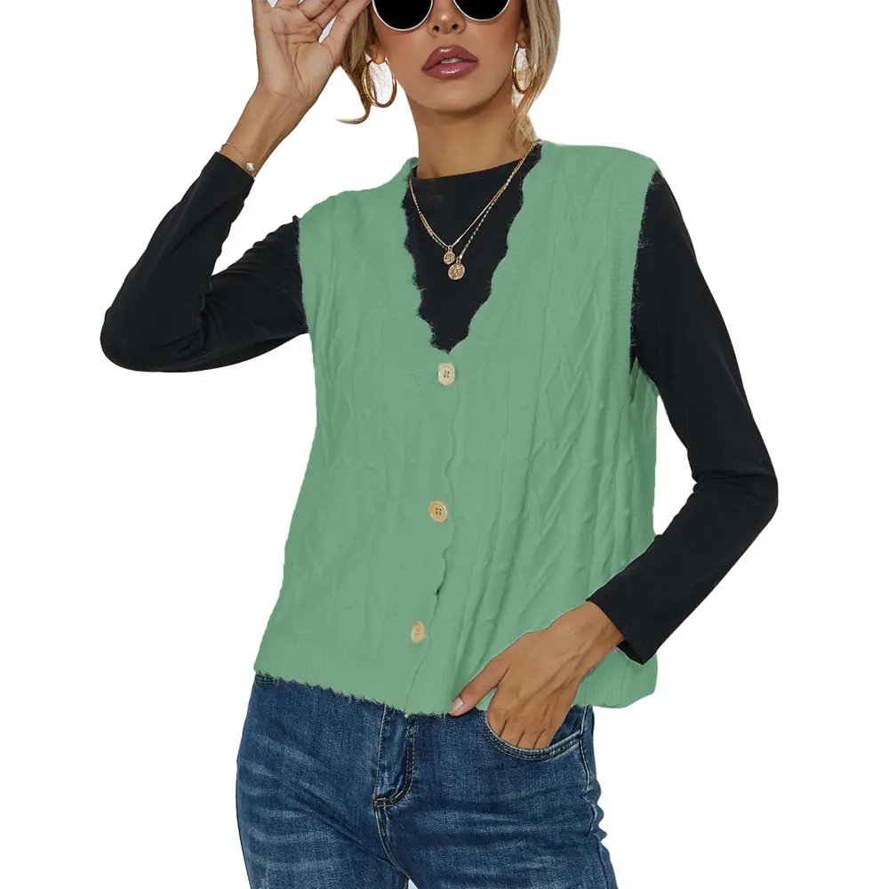 Women V Neck Sweater Vest Cable Knit Button Up Lettuce Trim Pure Color Women Sleeveless Sweater Tops Green S