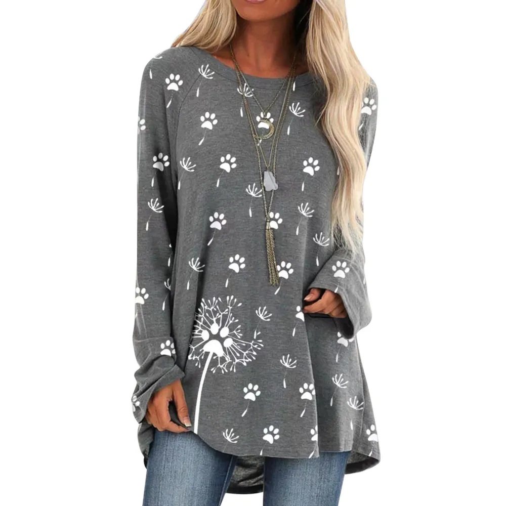 Women Long Sleeve Tops Fashionable Casual Loose Fit Dandelion Cat Paw Print Women Pullover Shirts Gray XL