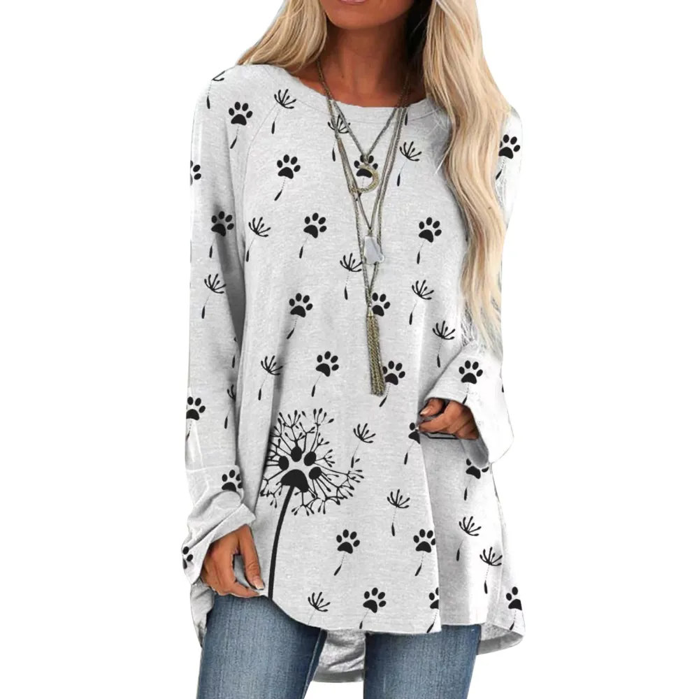 Women Long Sleeve Tops Fashionable Casual Loose Fit Dandelion Cat Paw Print Women Pullover Shirts Light Gray XXL