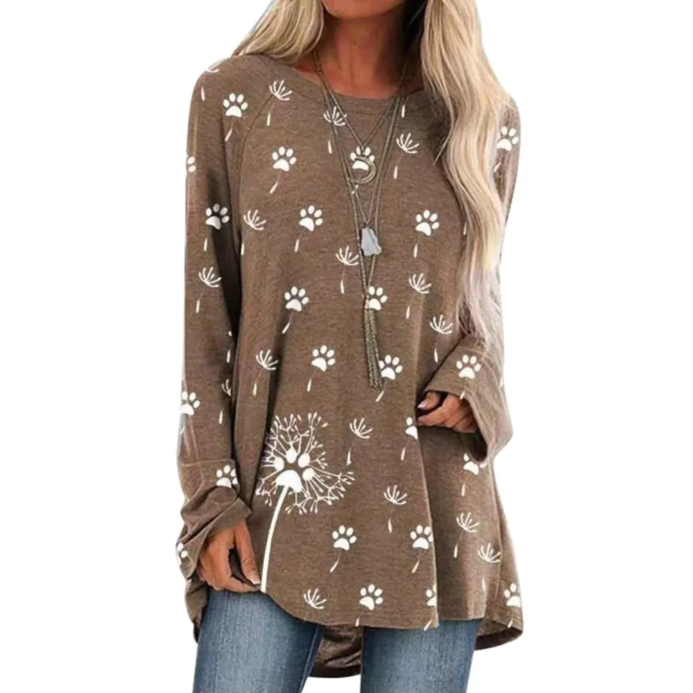 Women Long Sleeve Tops Fashionable Casual Loose Fit Dandelion Cat Paw Print Women Pullover Shirts Khaki M