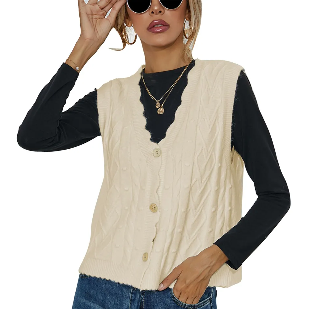 Women V Neck Sweater Vest Cable Knit Button Up Lettuce Trim Pure Color Women Sleeveless Sweater Tops Apricot S