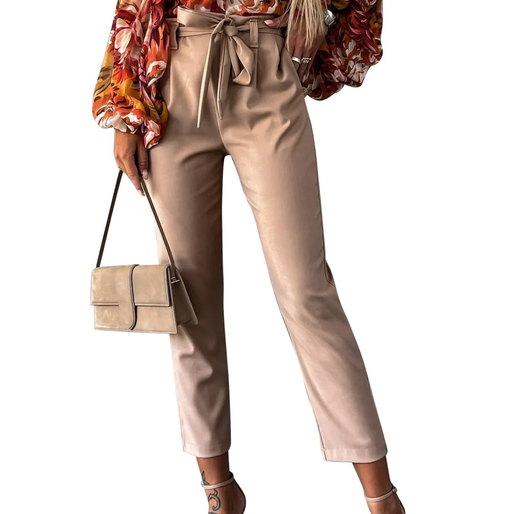 Women Casual Pants High Waist Belted Removable Pure Color Straight Leg Pants with Side Pockets Khaki XL