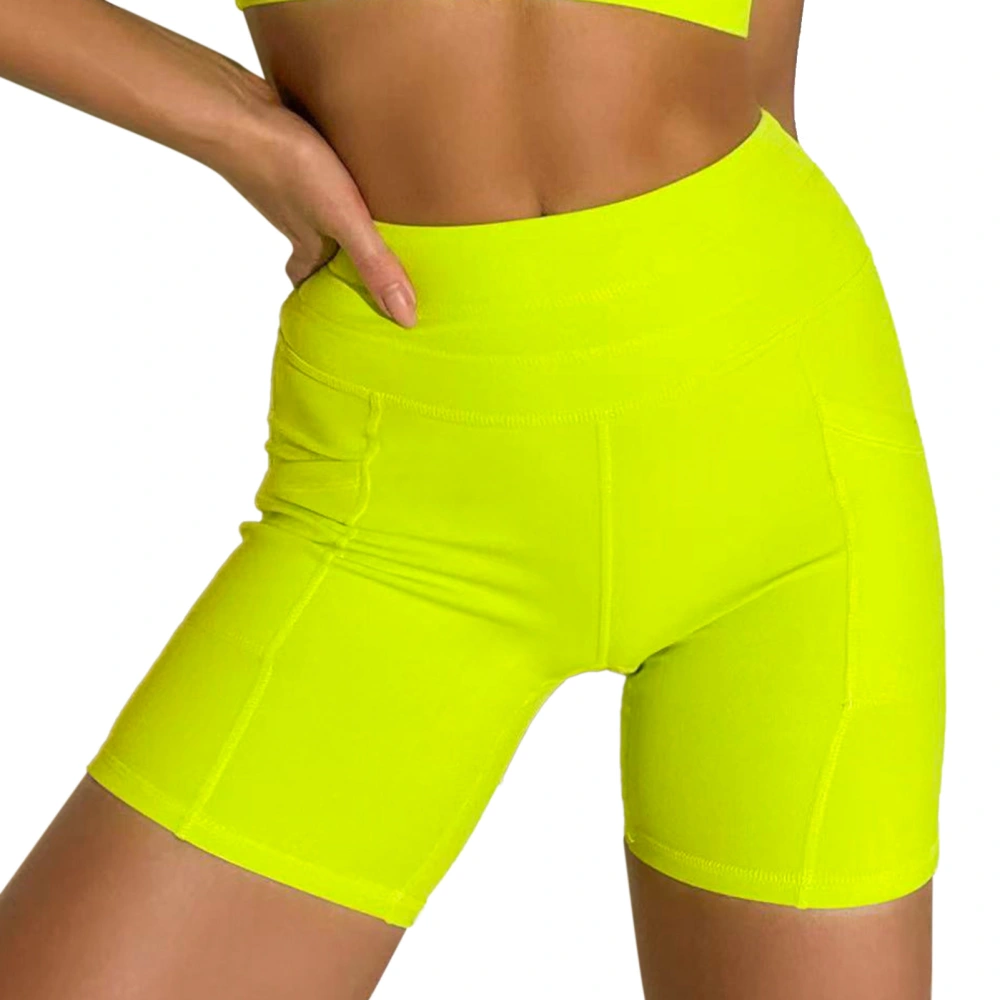 Yoga Shorts with Side Pockets High Waist Pure Color Stretchy Soft Biker Shorts for Women Light Green M