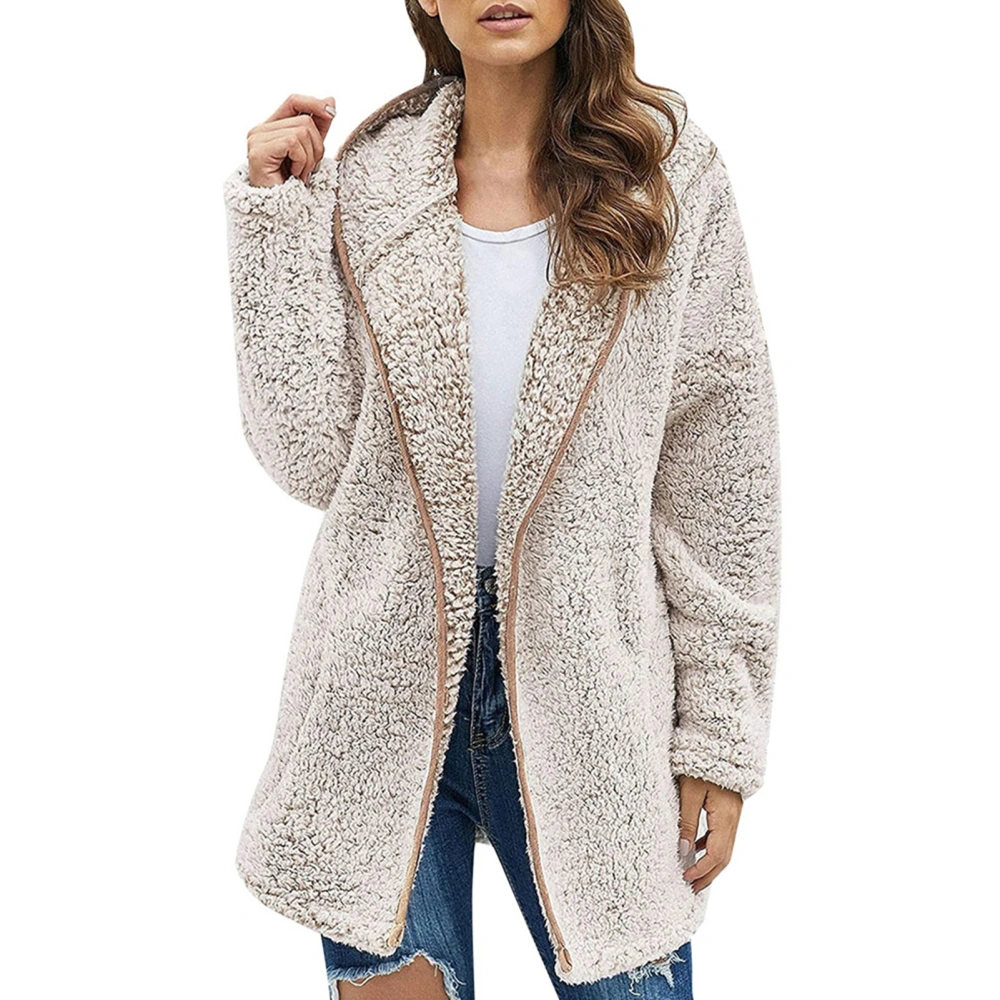 Women Plush Hooded Jacket Pure Color Casual Stylish Comfortable Plush Hooded Coat for Daily Wear Work Light Apricot L